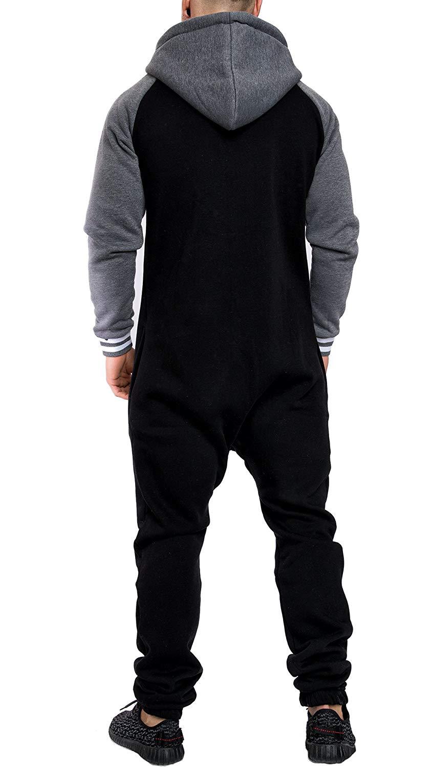 外贸爆款冬季新款男人连帽加绒连体卫衣拼接欧美个性休闲连体服男