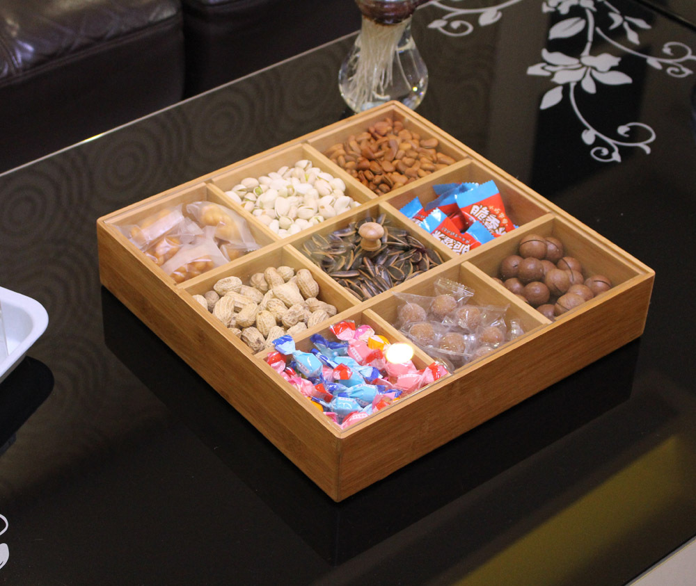 九格竹干果盒 零食盒 带亚克力盖 多功能收纳盒干果盒