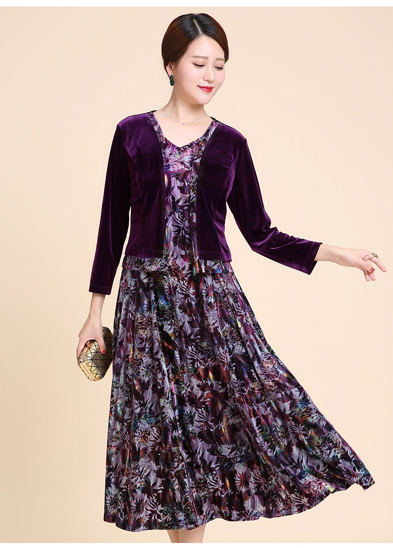 曼露芬秋冬装新款中老年女装长袖金丝绒连衣裙中年妈妈装过膝长裙