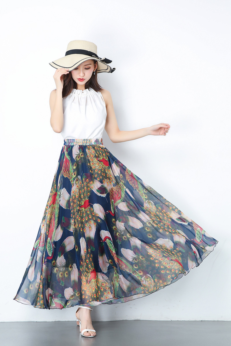 外贸半身裙波西米亚度假长裙夏高腰a字裙大码印花雪纺半身裙大摆