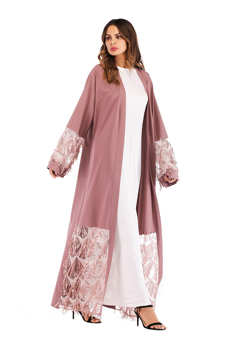 穆斯林迪拜ebay中东热卖网纱亮片拼接宽松系带开衫长袍披风女1662