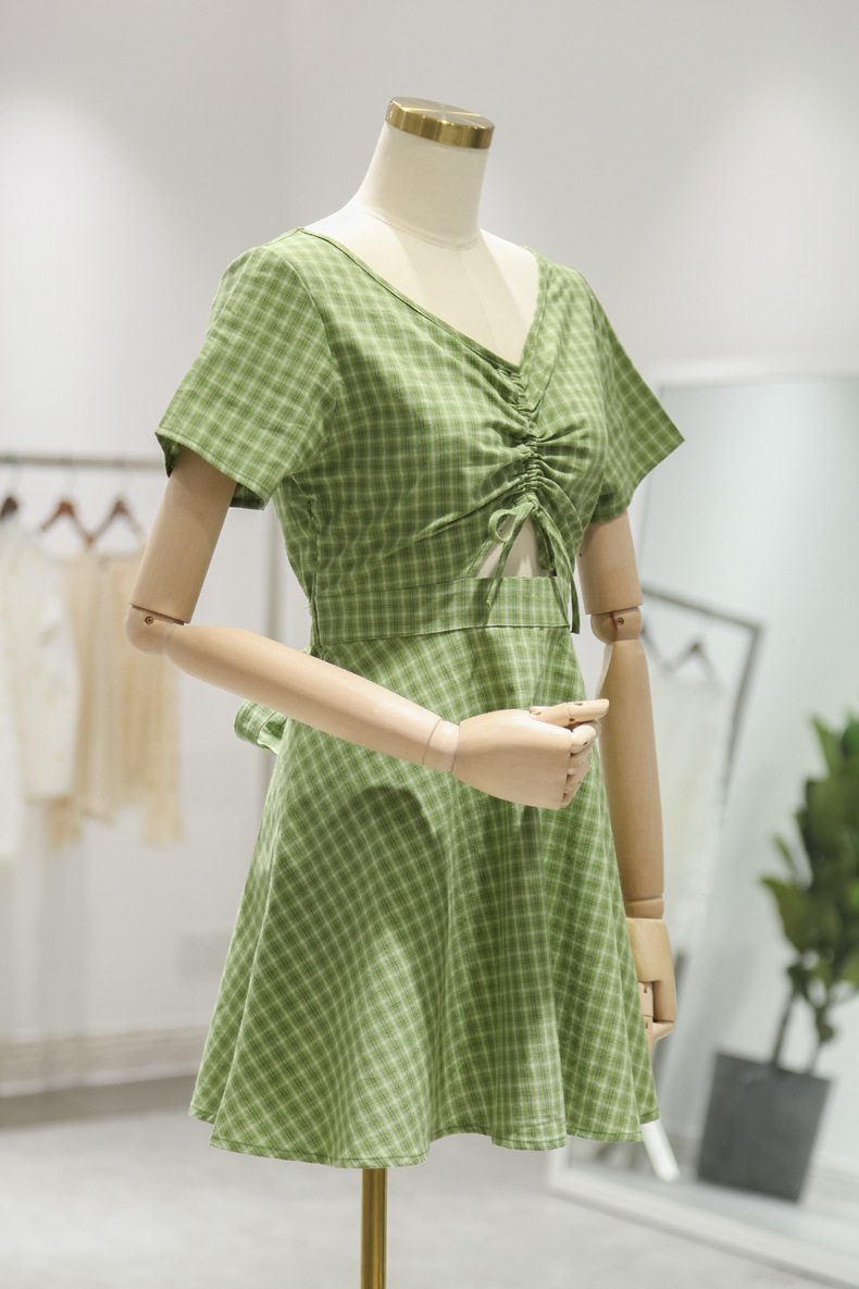 [歌铭]女装2018秋季新款连衣裙女韩版短袖闺蜜装绿色格子长裙dz06