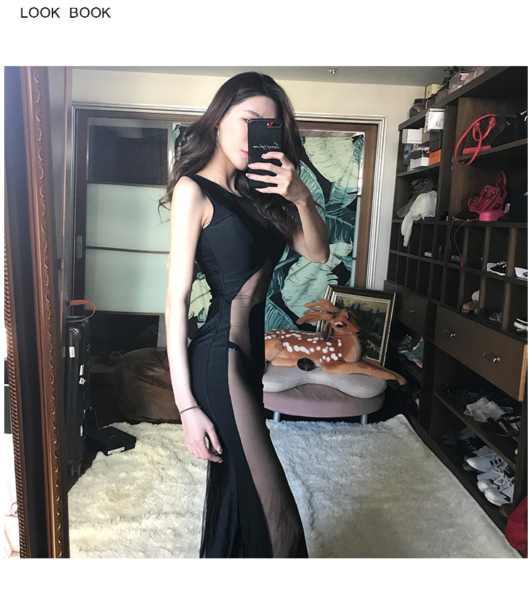 夜场ktv小姐透视连衣裙桑拿技师深v网纱透明长裙夜店性感晚礼服夏