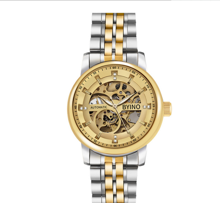 工厂贝伊诺byino镂空自动机械钢带表皮带表男表商务8777