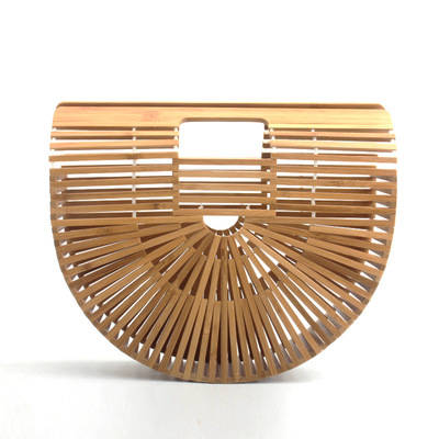 欧美新款纯手工编织包竹编包沙滩手提包木制半圆扇形笼子包代发