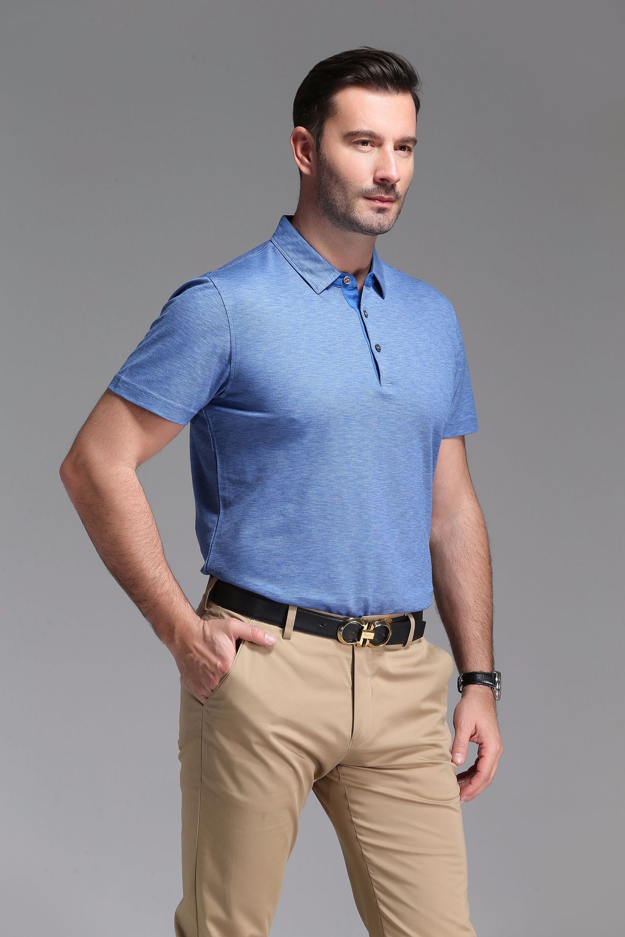 桑蚕丝2018夏季新款男款短袖t恤男商务休闲翻领纯色潮流男士t恤