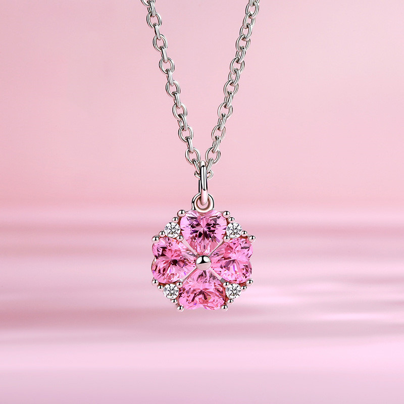 甜美时尚粉色心形樱花爱心四叶草铜镀银吊坠女韩版镶锆石气质项链