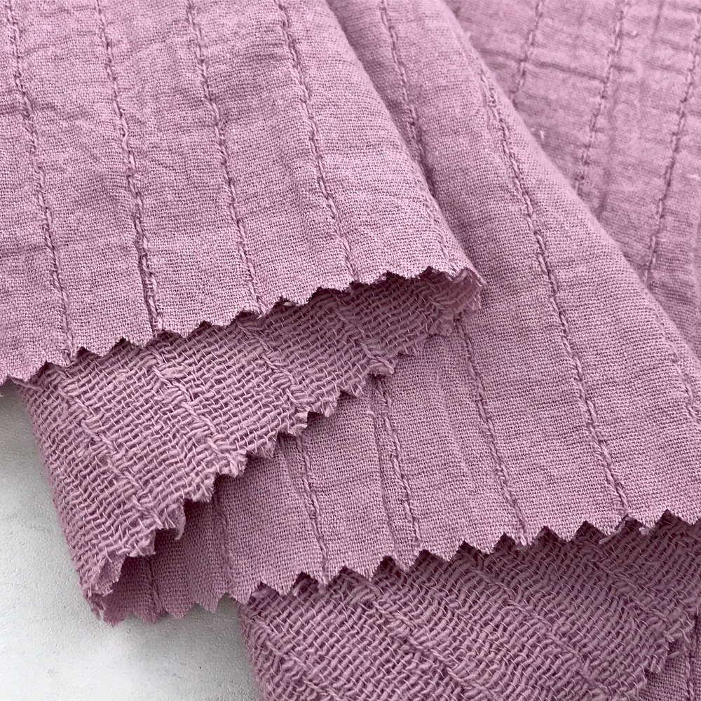 全棉双层皱条纹提花纱罗面料 棉麻砂洗皱梭织布 秋冬女装童装布料