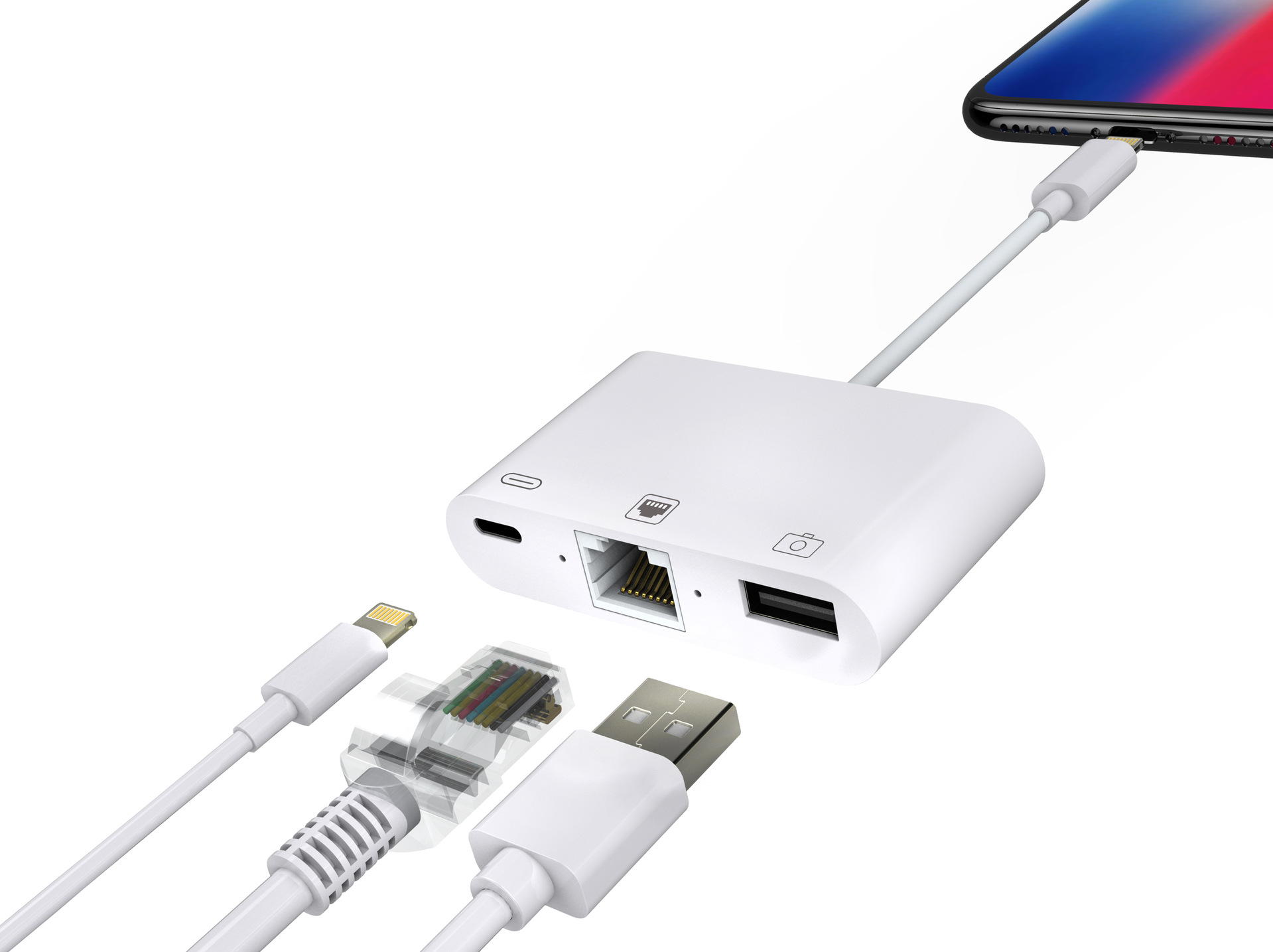 适用苹果手机转网线三合一 网卡转换器千兆网口lightning to rj45