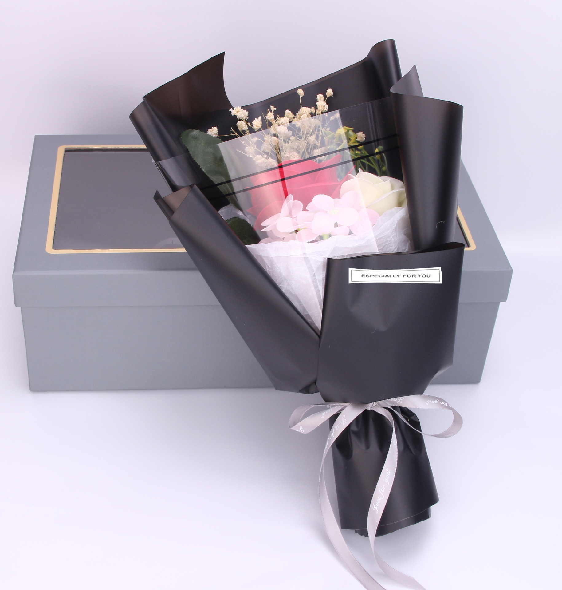 新款创意花束圣诞节礼物仿真玫瑰花香皂花束干花棉花礼盒批发代发