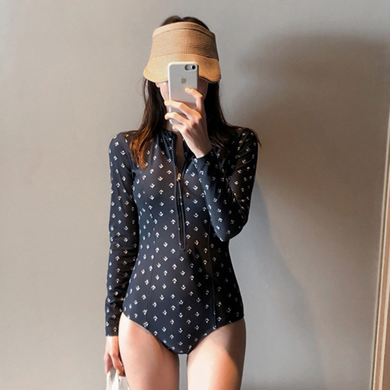 Korean Ins Swimsuit Women's 2022 One-Piece Small Chest Long Sleeves Tummy Hiding Slimming Snorkeling Hot Springs Conservative Swimsuit