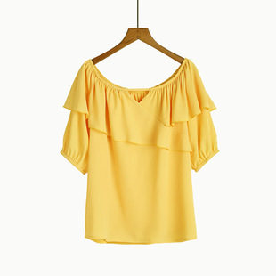 2018夏新款欧美大码女装一字领荷叶边短袖上衣露肩t恤雪纺衫