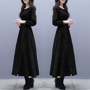 黑色连衣裙女秋冬季2019新款收腰气质长款过膝长裙修身显瘦长袖裙