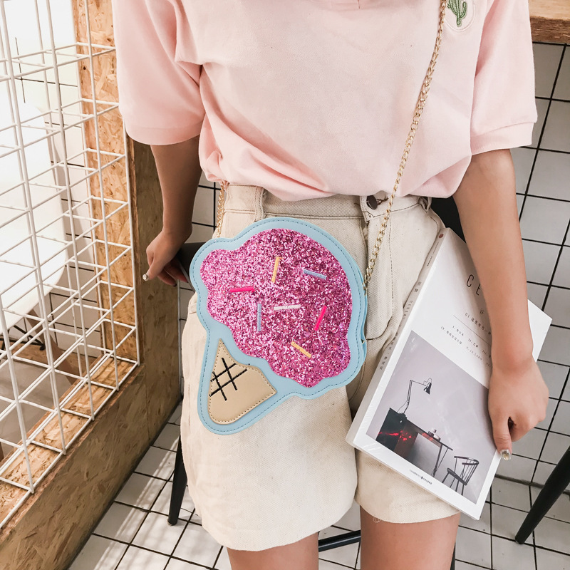 Summer New Creative Personalized Sequined Ice Cream Shoulder Bag Girl Pink Cute Cartoon Laser Crossbody Women's Bag