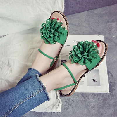 凉拖鞋女夏2018新款韩版时尚绑带凉鞋平底两穿花朵凉鞋沙滩凉鞋女