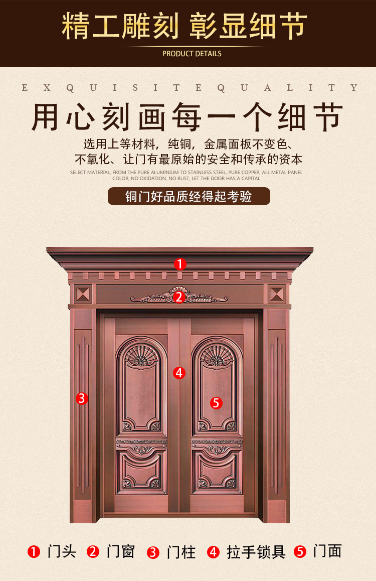 真铜别墅大门酒店农村进户门子母双开入户大门不锈钢铜门定制