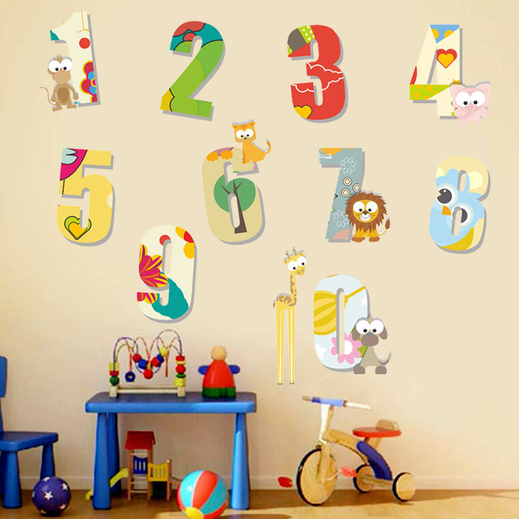 可爱卡通动物数字早教墙贴儿童房卧室床头装饰自粘贴纸壁画可移除