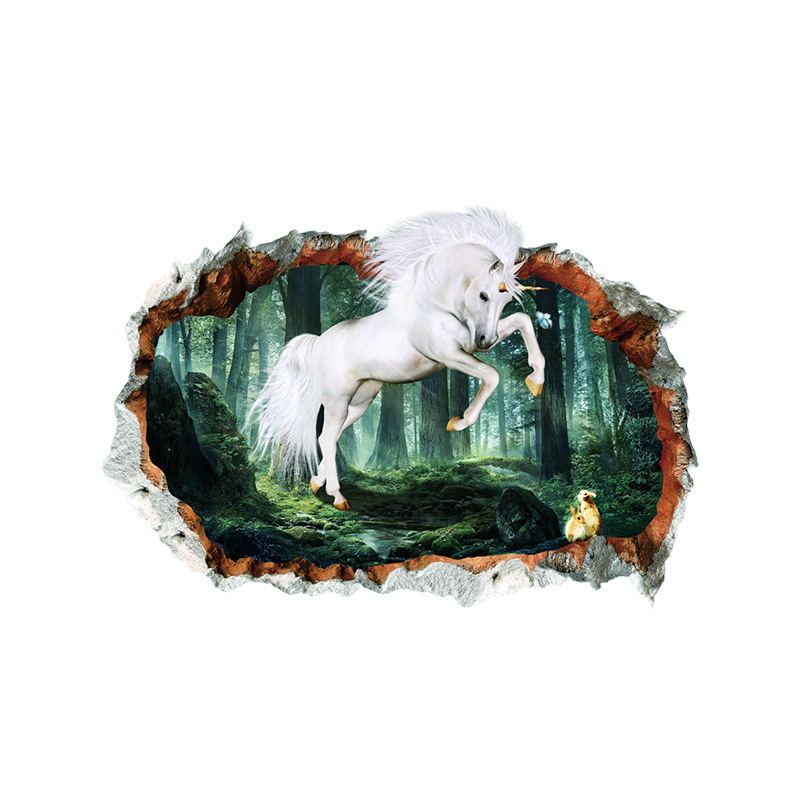 梵汐产品3d立体破洞墙贴 森林独角兽 外贸爆款创意墙贴画fx64026