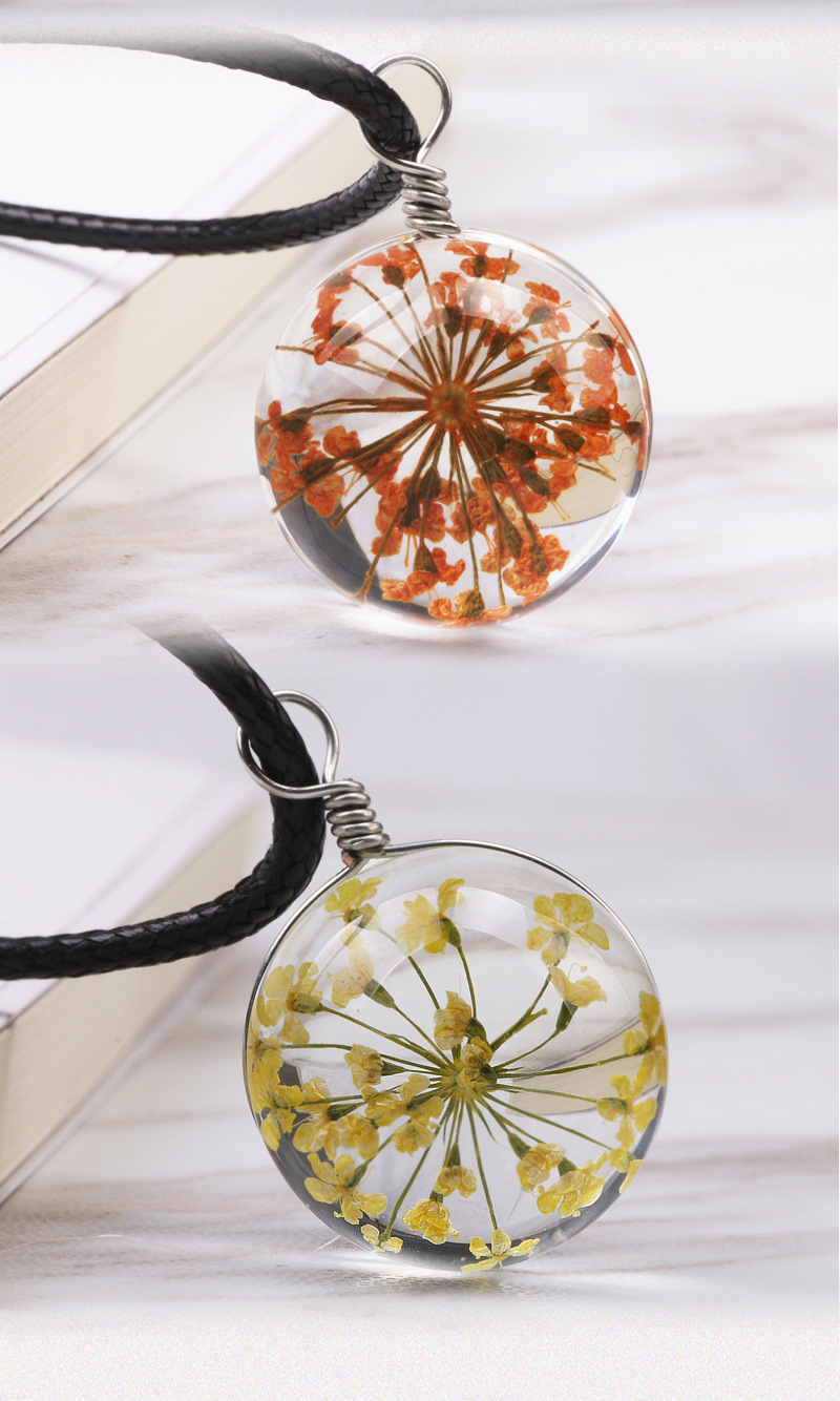 雪珠花植物时光宝石圆形女干花项链 跨境diy饰品水晶玻璃雪花吊坠