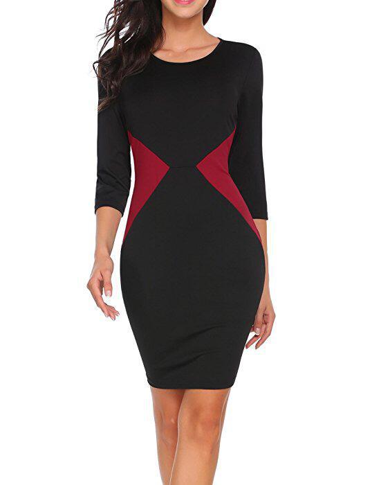 2018亚马逊春季女装圆领中袖拼接撞色修身包臀连衣裙女