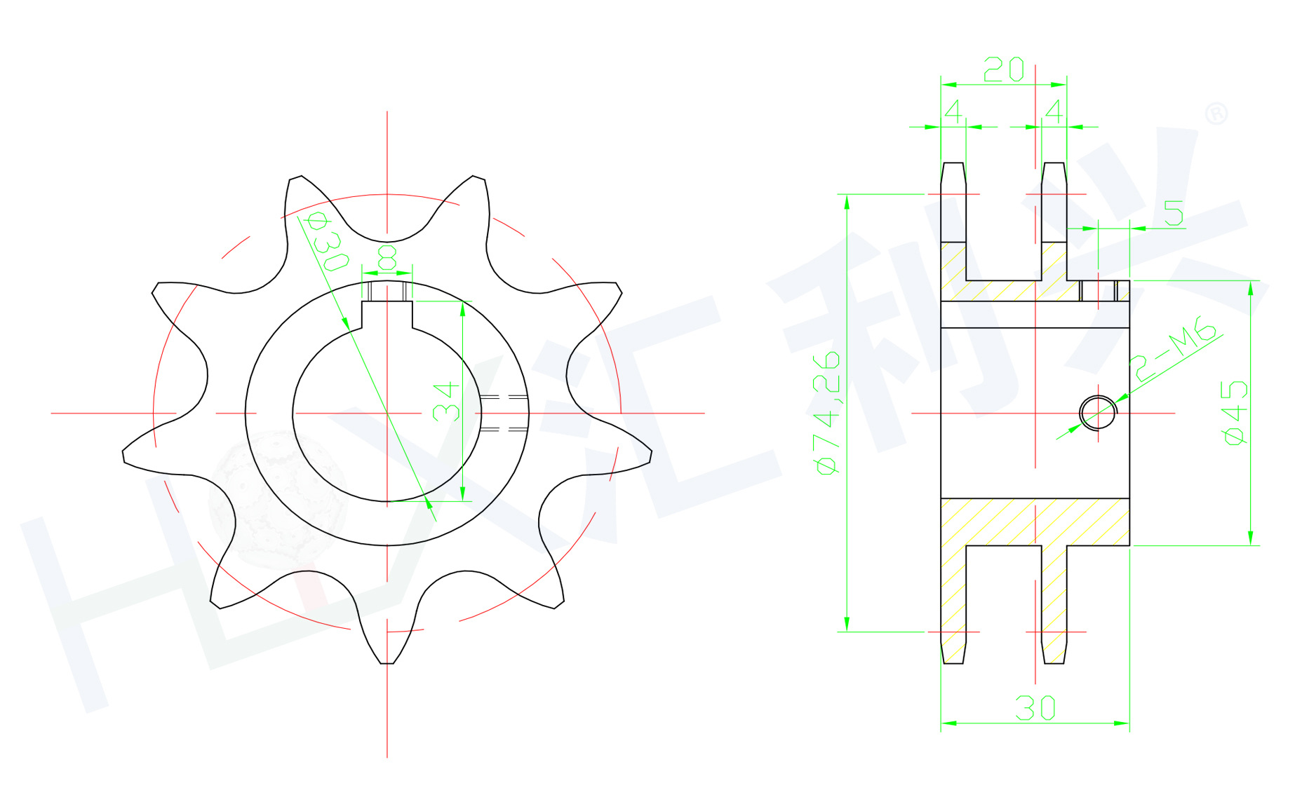 组装线张紧装置链轮-2.5倍速链轮【节距25.4 】9齿倍速链轮