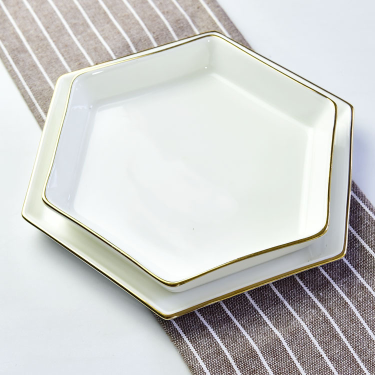 厂家批发骨瓷盘子六边形陶瓷饭盘描金边家用饭盘礼品蛋糕盘批发