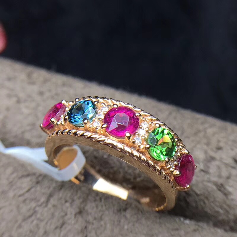 一件代发 新款简约18k金镶嵌天然碧玺戒指女 彩色宝石排戒 配证书