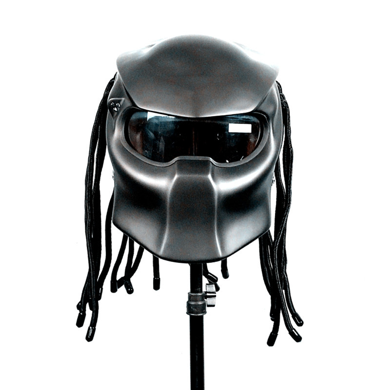 全覆式铁血战士头盔摩托车全盔复古个性带辫子捕食者异形头盔跑盔