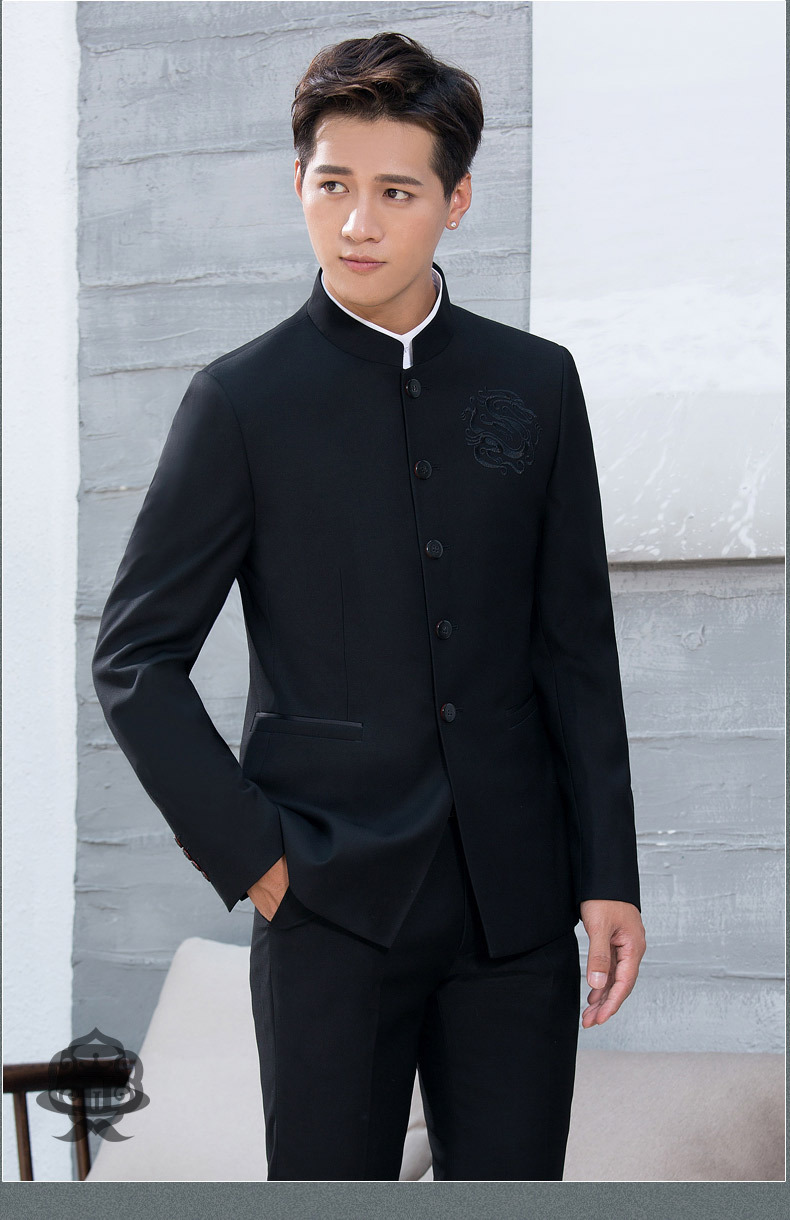 中山装男西服套装青年修身中华立领男士西装套装民族风唐装两件套