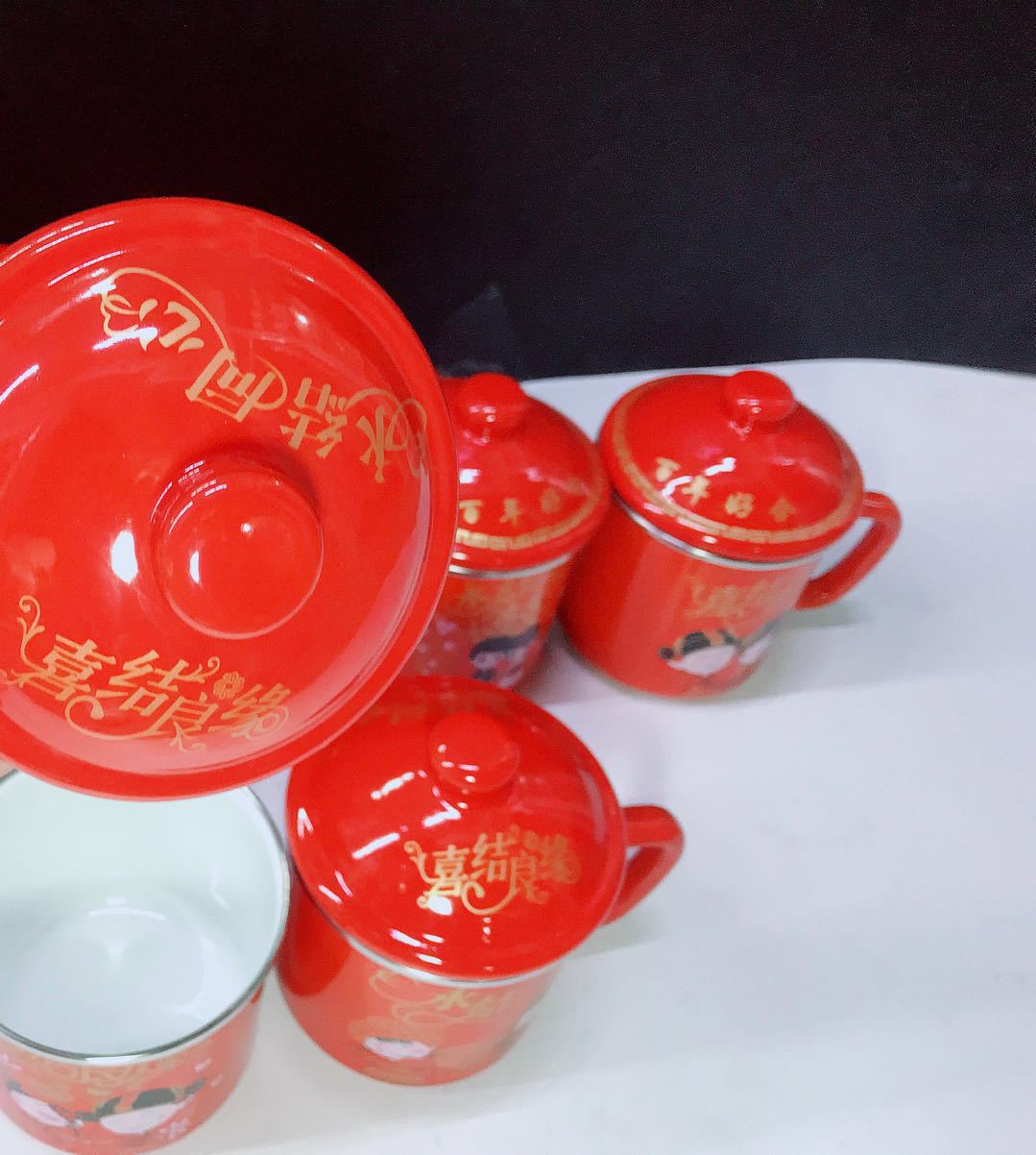搪瓷包边喜庆大红盖杯喜结良缘搪瓷双喜杯 喜庆礼品搪瓷杯婚庆用