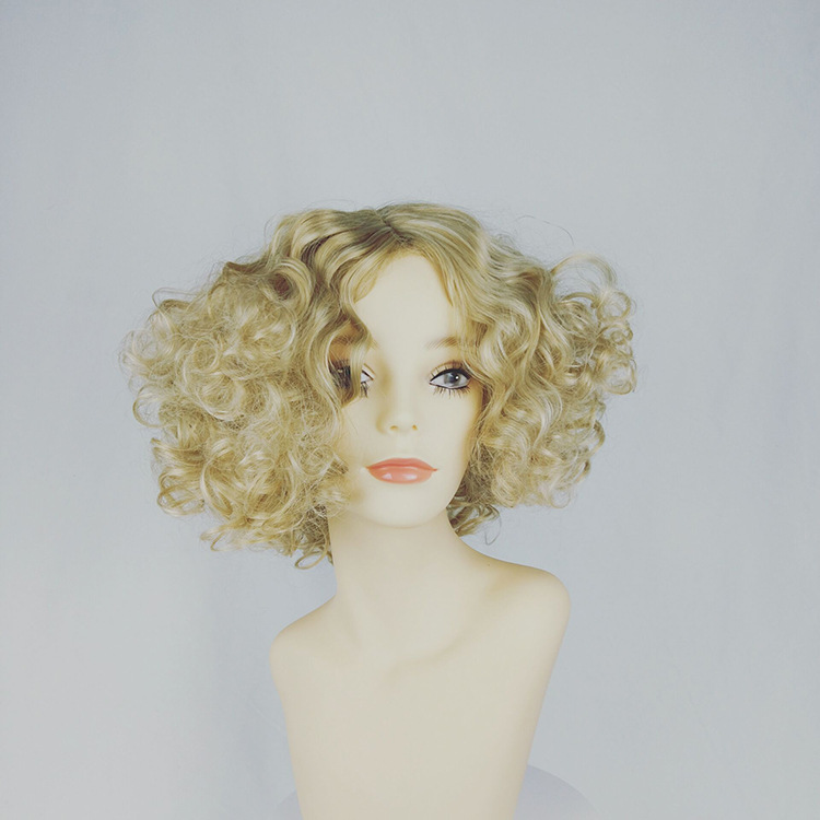 速卖通欧美女士短卷发非洲小卷米白金娃娃化纤假发头套wish跨境