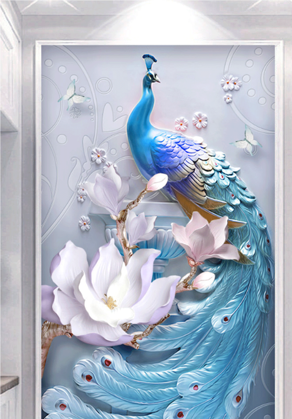 3d立体竖版玄关走廊过道背景墙壁纸装饰壁画简约现代孔雀58d墙布