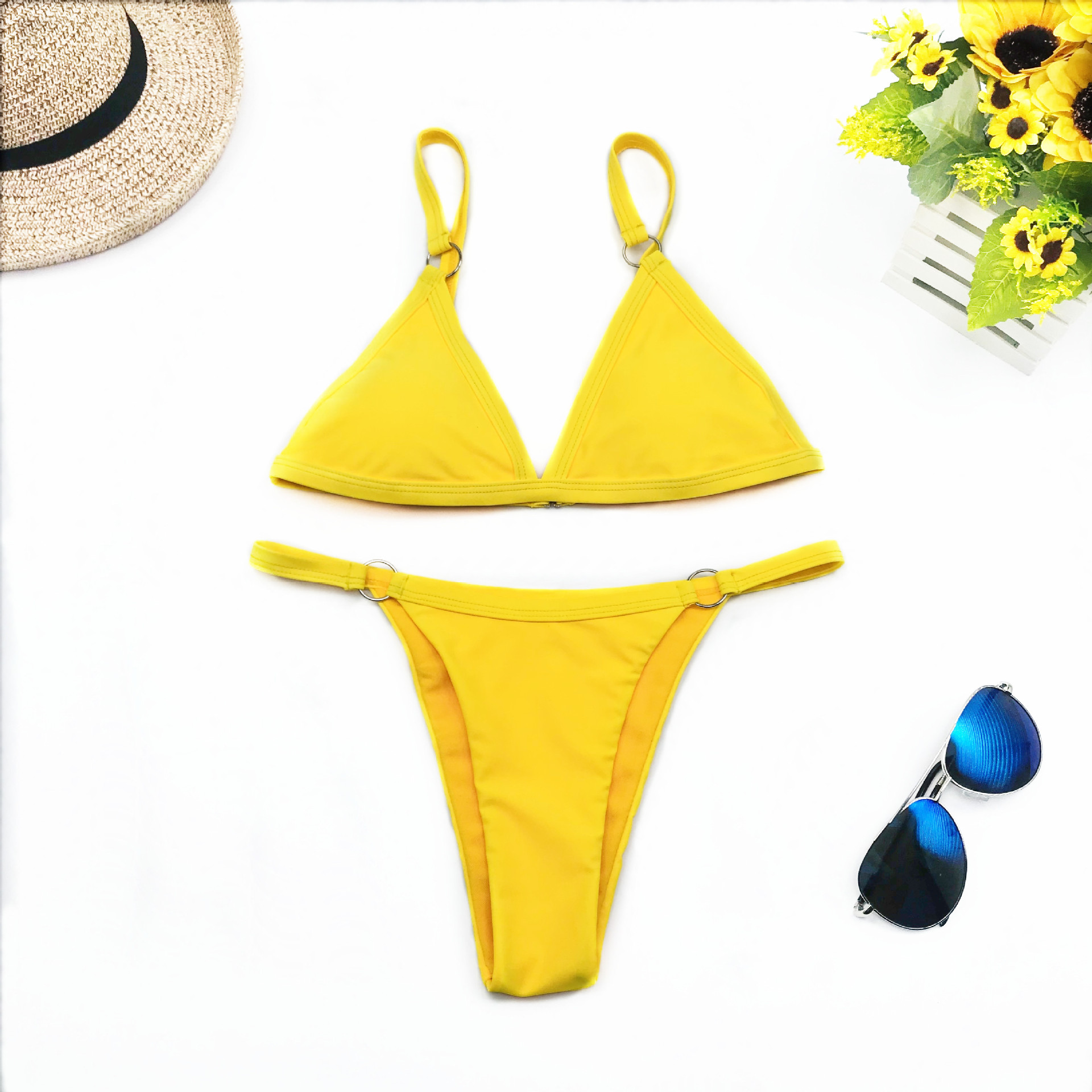 2019新款比基尼欧美女士分体泳衣纯色锦纶三角包跨境货源泳装9060