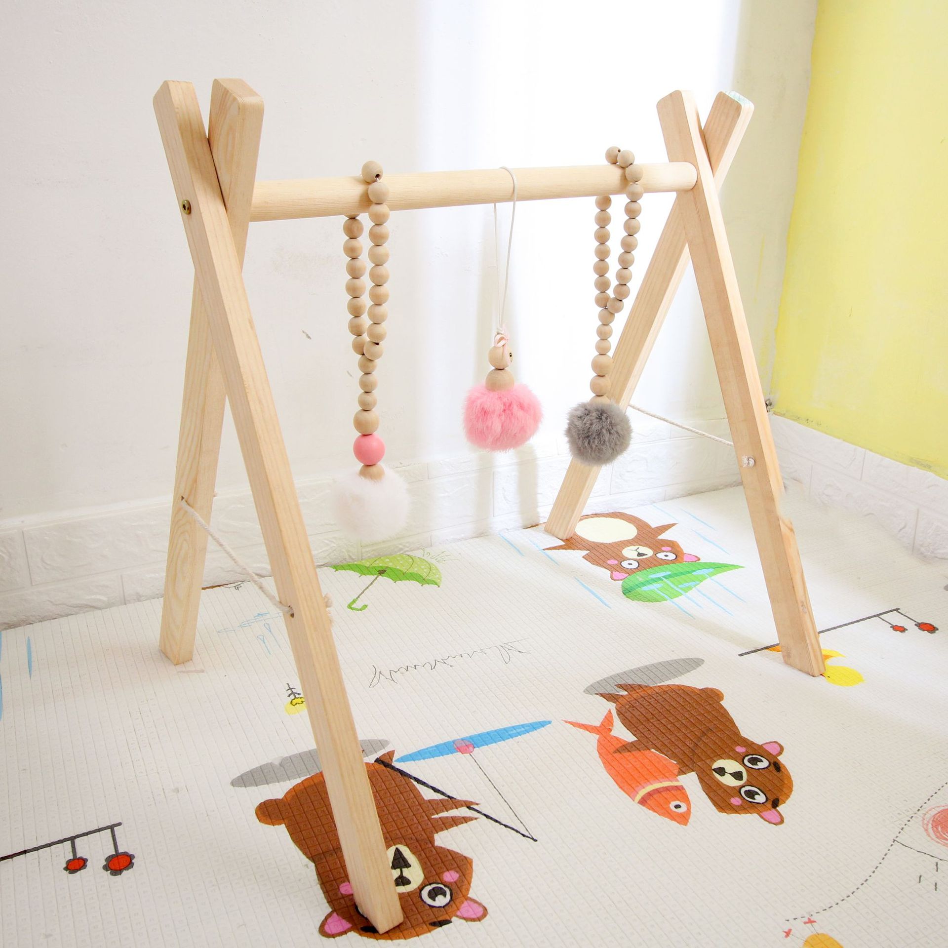 松木木质儿童健身架木质儿童婴儿折叠健身架儿童早教健身玩具