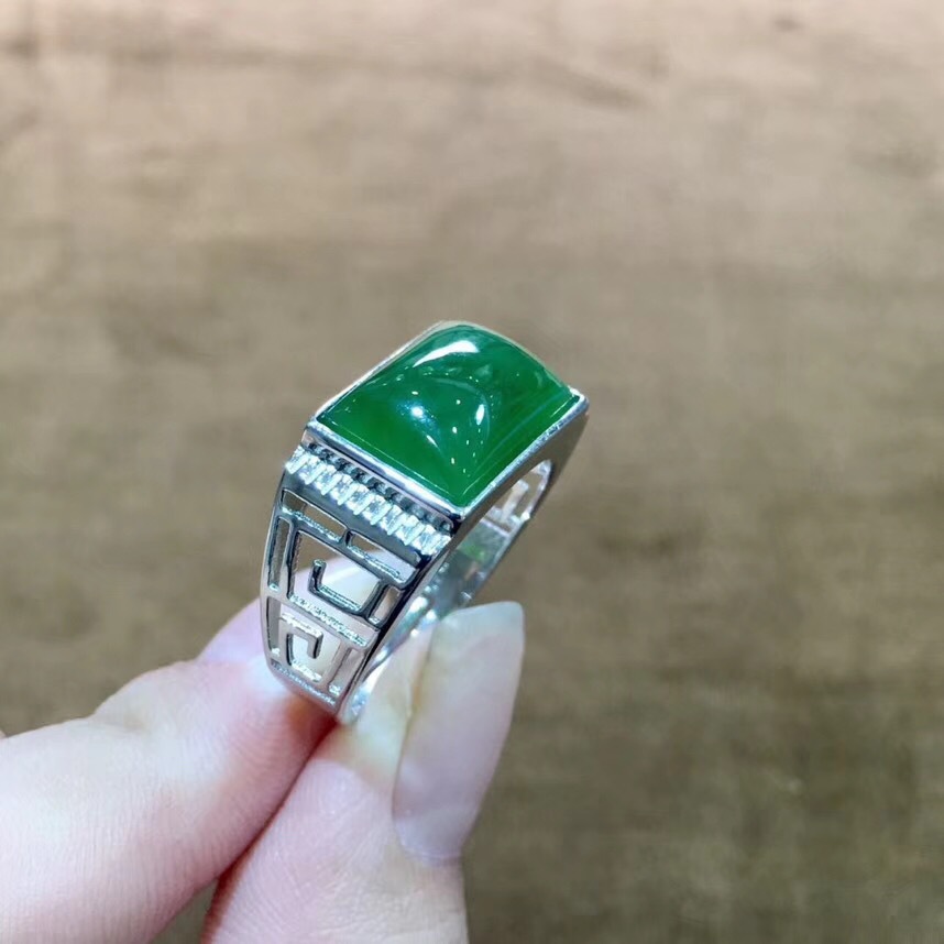 再兴玉斋 和田玉碧玉s925银镶嵌玉戒指 男款戒指