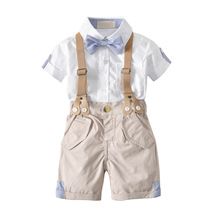 夏季跨境男宝宝领结绅士背带短裤短袖衬衫四件套儿童套装