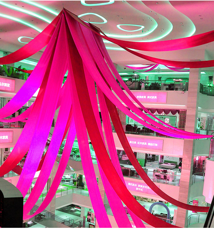 夏季美陈装饰商场汽车4s店售楼部展厅吊顶布幔彩带纱幔空中布置