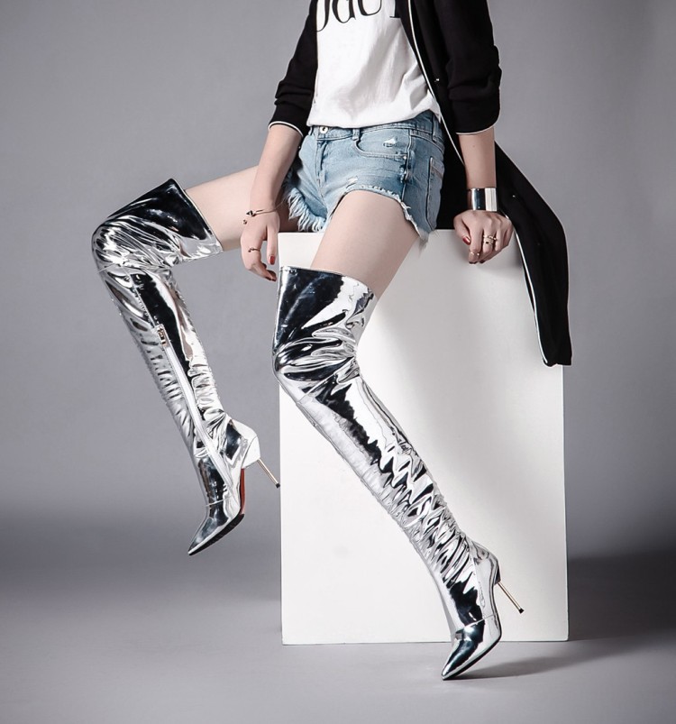 t台走秀银色镜面亮皮过膝长靴尖头高跟夜店舞台细跟长筒大码女靴