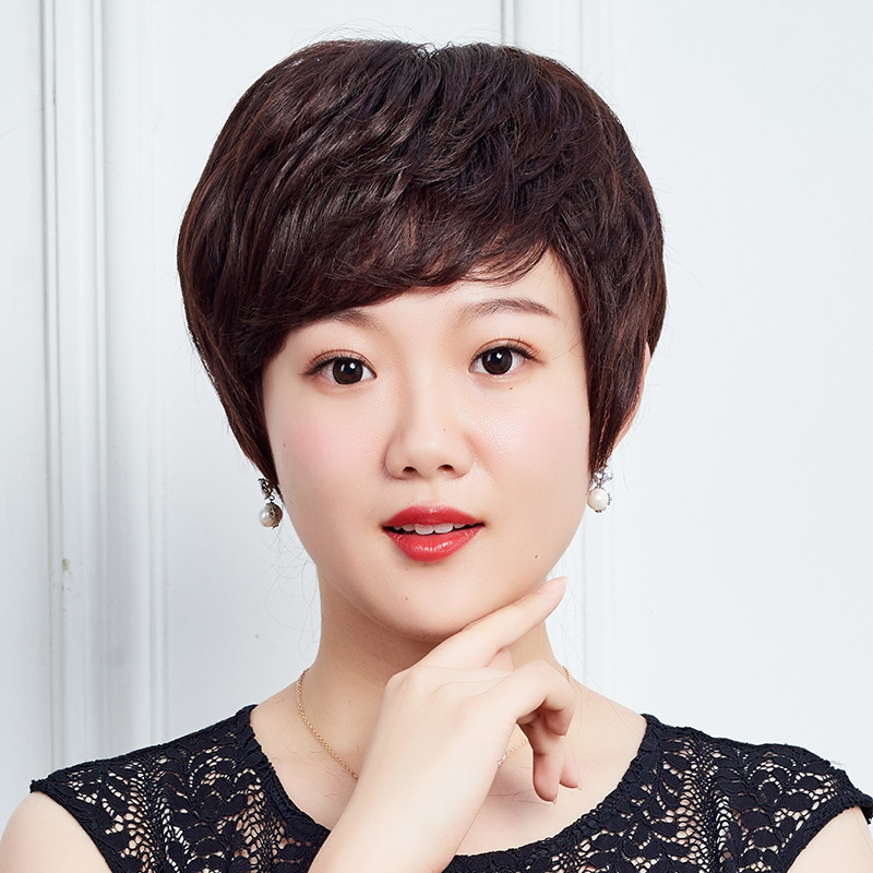 亨洋厂家直销纹理烫中老年假发女短发真人发丝头套全手织妈妈假发