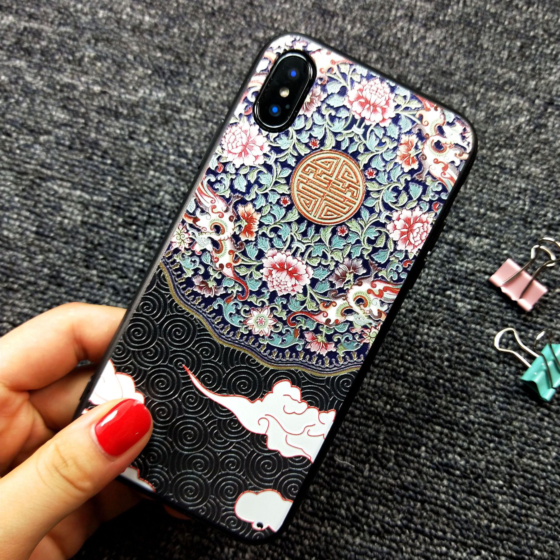 新款适用iphone xs磨砂中国风手机壳 小米8/6x彩绘浮雕宫廷花定制