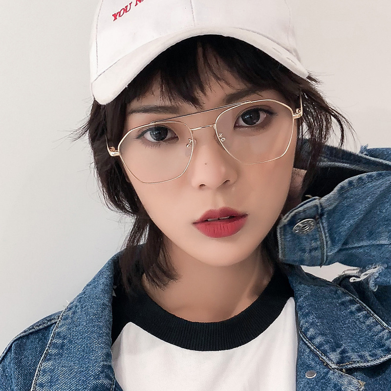 新款双鼻梁防蓝光眼镜私人订制 多边形金属眼镜框女 复古近视镜架