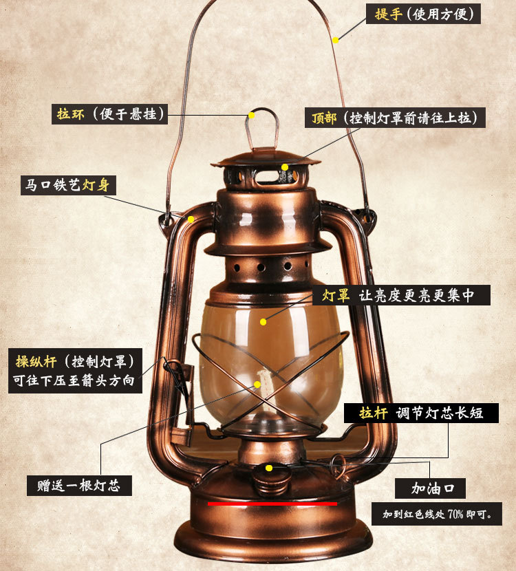 24cm做旧古铜煤油灯老油灯老式马灯复古怀旧摄影道具批发厂家直销