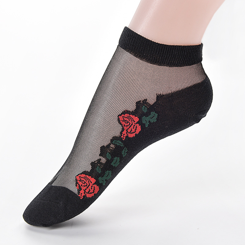 Short Spring and Summer Cotton Base Crystasilk Sock Women's Boat Socks Korean Style Cotton Sole Silk Socks Woven Glass Stockings Factory Wholesale