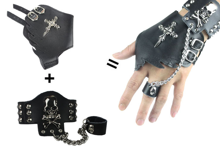 演出铆钉朋克皮手套男半指手套男韩版骷髅头 霹雳舞手套罗志祥款