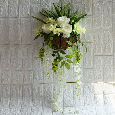 仿真挂壁花艺假花假草悬挂假花墙壁植物壁挂墙饰挂件玫瑰花壁挂花