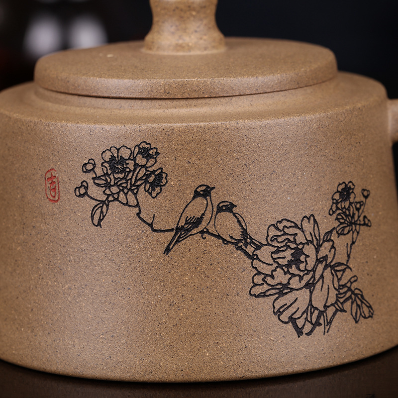 宜兴紫砂壶 名家刻绘花鸟柱础壶原矿青灰泥茶壶茶具定制 微商代理