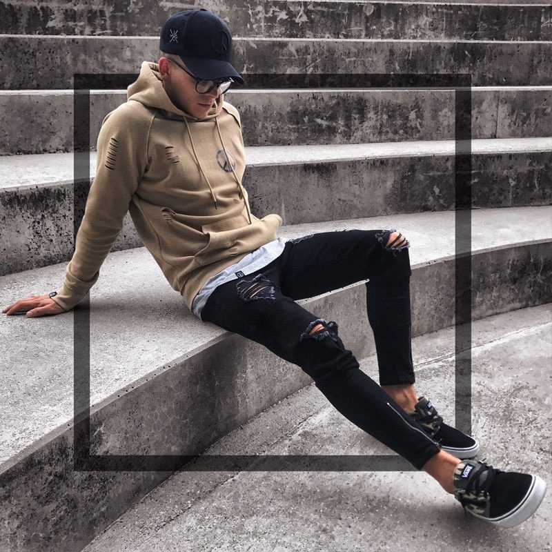 Exclusive for Cross-Border Jeans Men's Wish New Black Ripped Stretch Zipper Men's Clothing Skinny Pants European and American Fashion