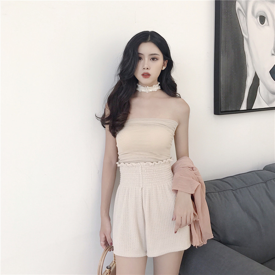 绿儿实拍堆叠网纱弹力抹胸 针织钩花高腰木耳边显瘦短裤套装a255