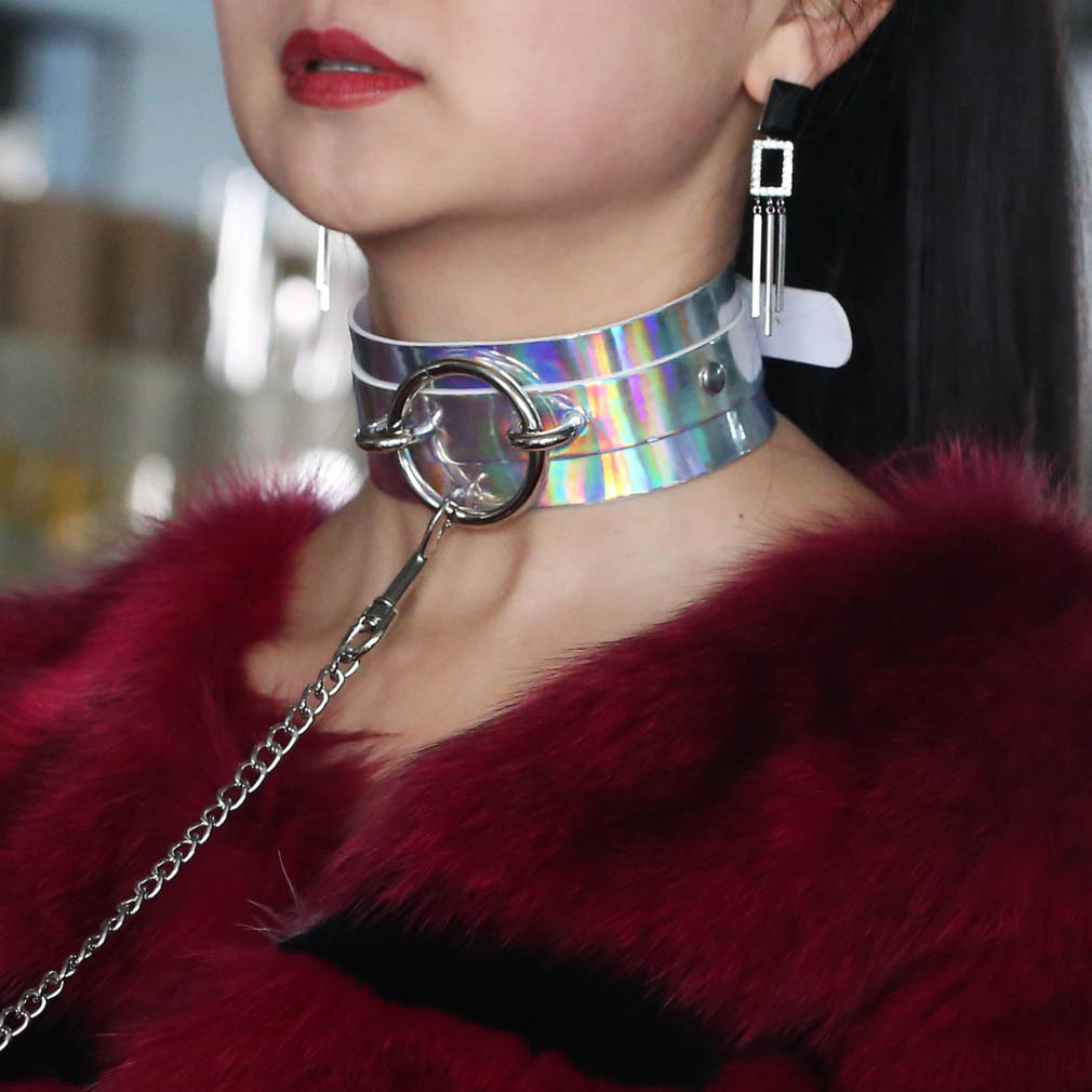个性性感另类成人玩具圆环镭射皮项圈调教牵引绳狗奴束缚颈脖套