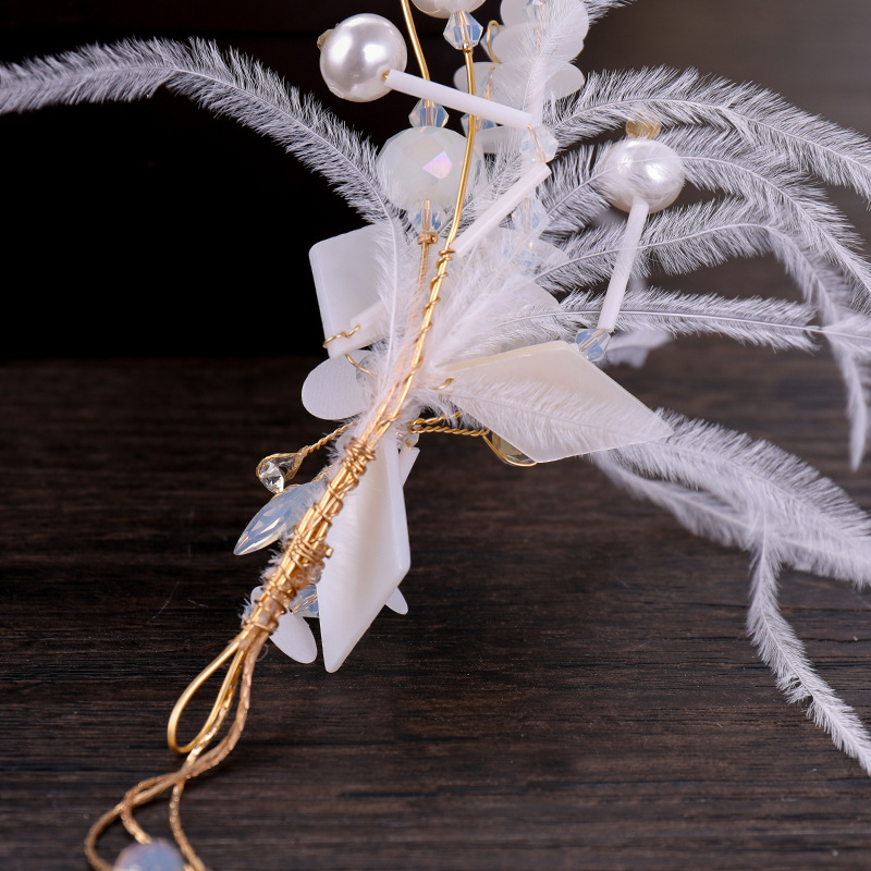 珍珠羽毛流苏唯美发带 仙女范手工新娘头带婚纱礼服饰品头饰批发